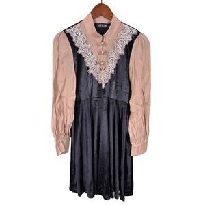 Whimsy Goth Lace Midi Dress Kaimilan Women's Size 6‎ Black Beige Long Sleeve